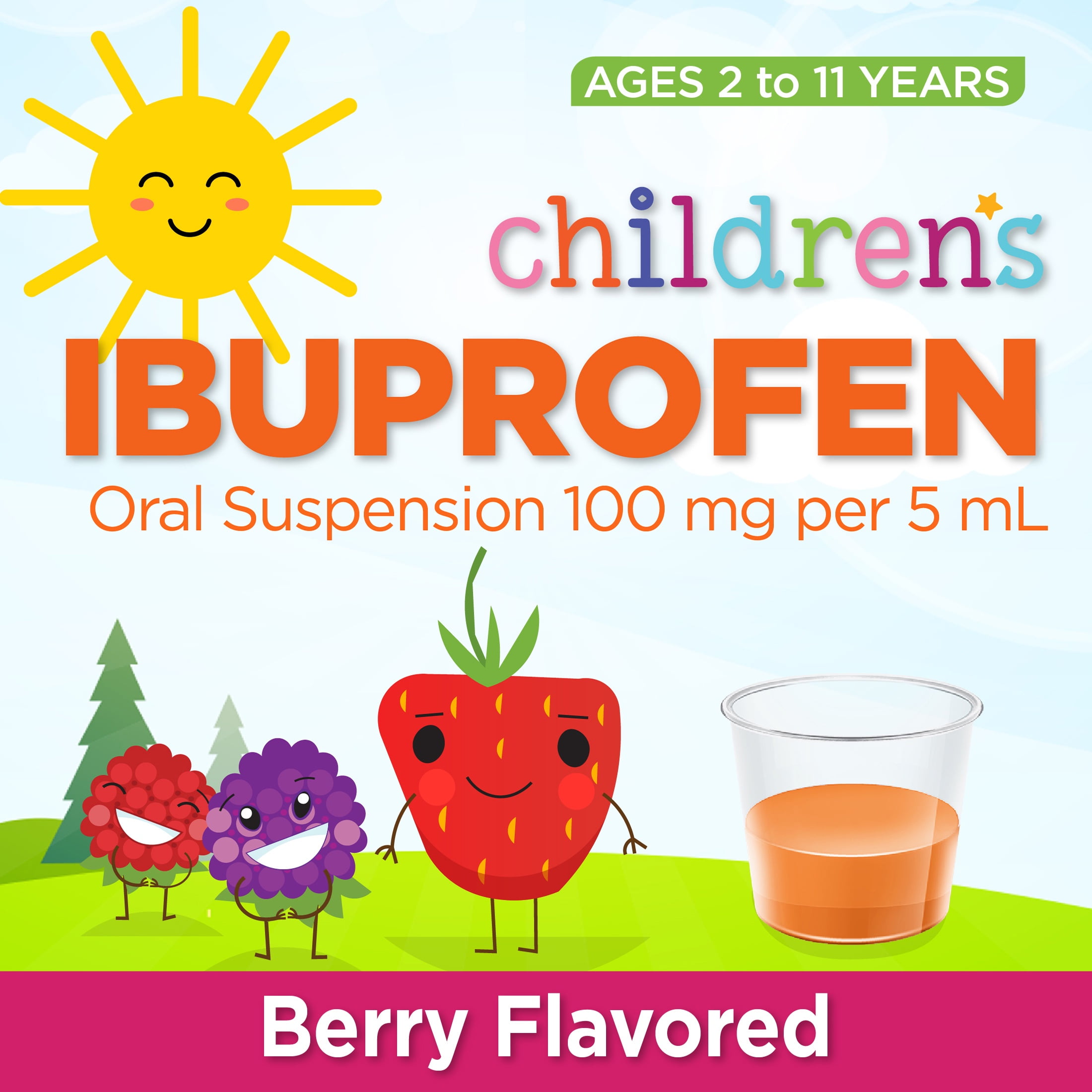 Equate Children's Pain Reliever/Fever Reducer Ibuprofen Oral Suspension, Berry Flavor, 100 mg, 8 fl oz