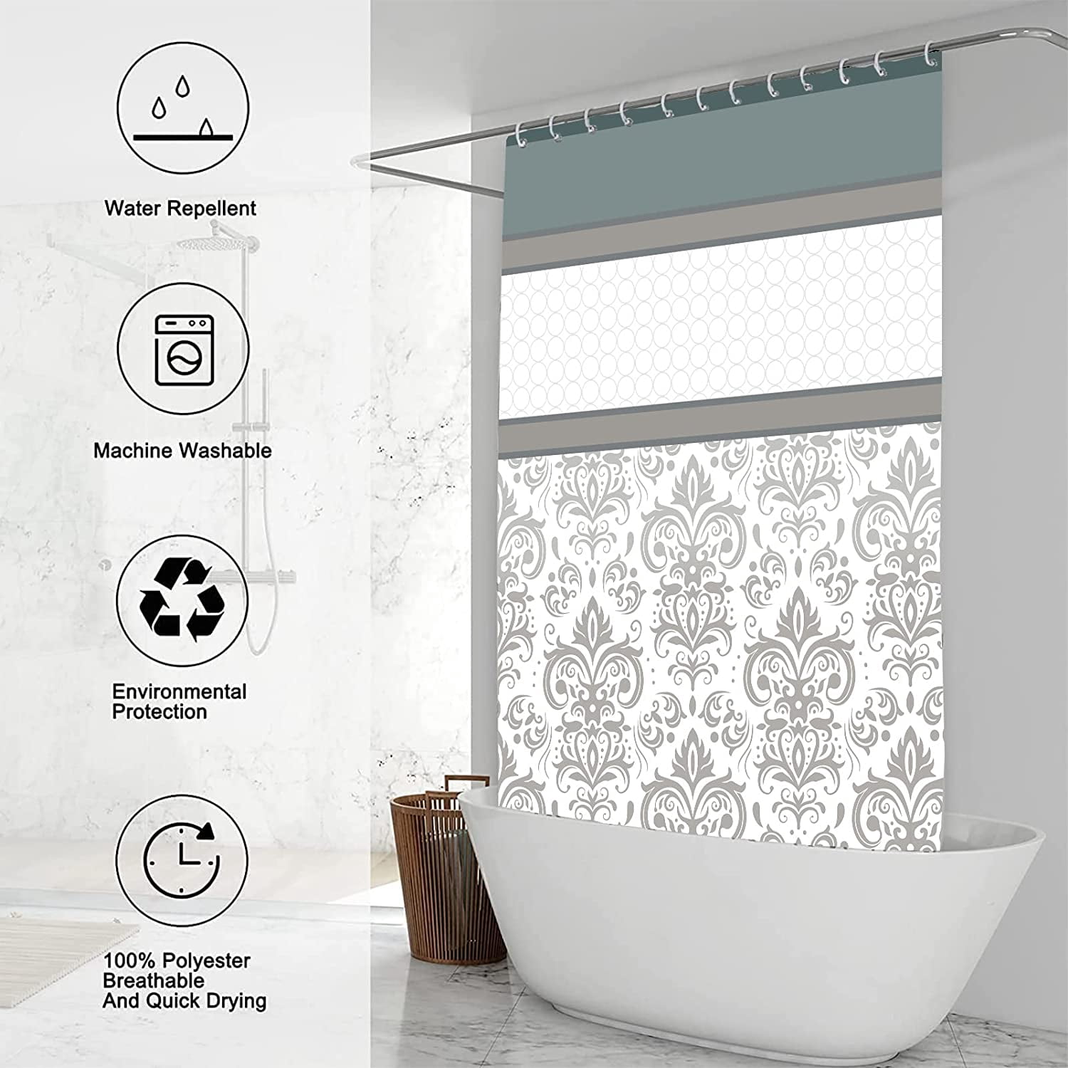 Extra Long 72"x84" Modern Farm Shower Curtain Set with Plastic Hooks Machine Washable Waterproof Fabric Bathroom Curtain Boho Moroccan Style Bath Curtain Grey Teal