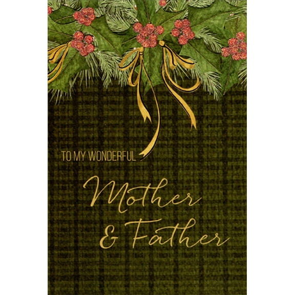 Pictura Holly and Gold Ribbons on Green Plaid Mother and Father Christmas Card
