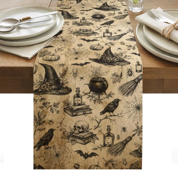 Black White Halloween Table Runner Minimalist Horror Skull Vintage Tablerunners 13 x 48 Inch, Table Decorations Tabletop Scarf for Summer Gathering Holiday Farmhouse Kitchen Dining Decor