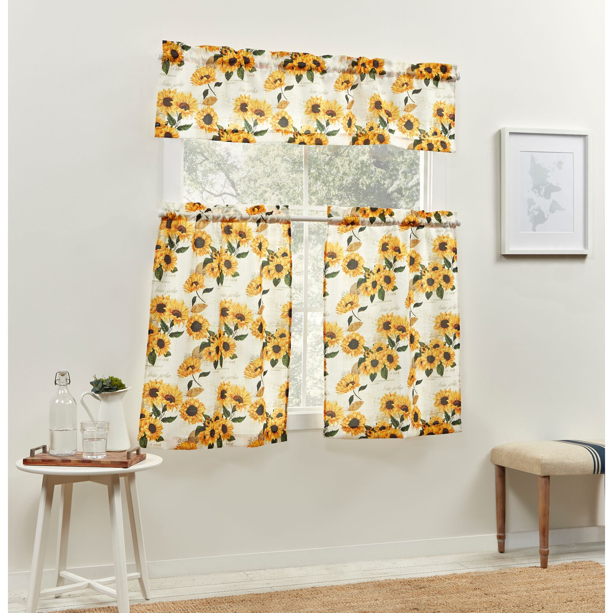 Mainstays Light Filtering Curtain Tier Pair and Valance Set, 3-Piece, Sunflower, 54" W x 36" L
