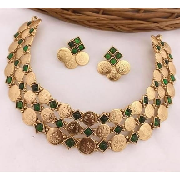 Swadeshi Desire Artificial Stone Design,South Indian Golden Plated Copper Necklace Jewellery Set for Women with Earrings