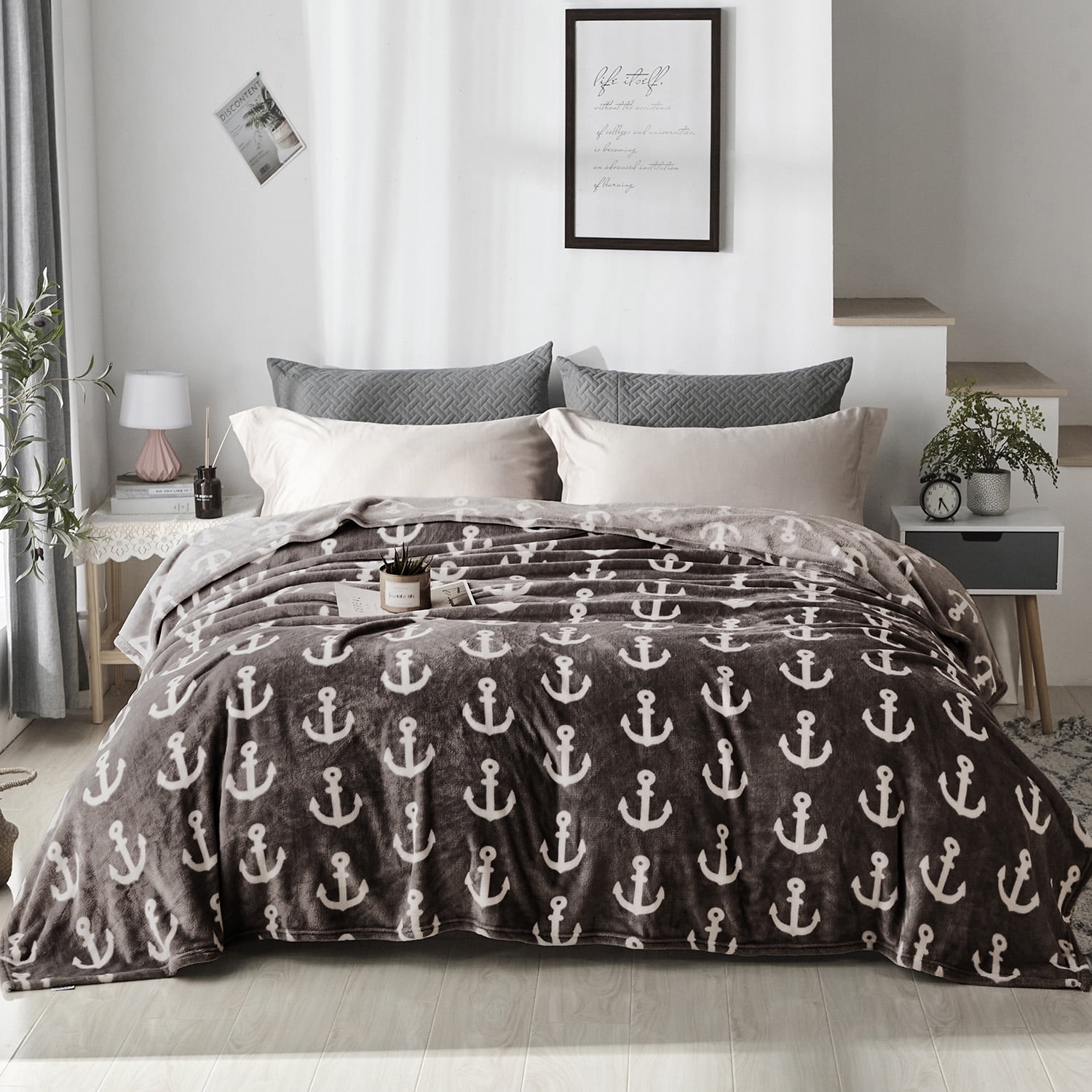 Flannel Fleece Blanket for King Bed,Soft Coffee Anchor Pattern Warm Cozy Blanket,90" x102"