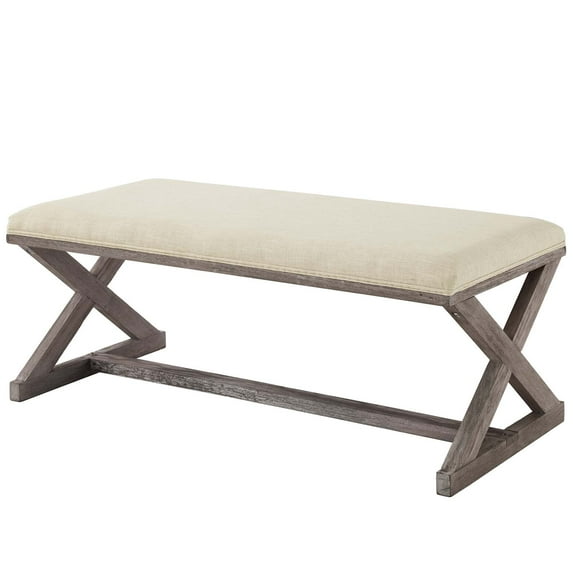 Industrial Country Cottage Farm Beach House Living Room Lounge Club Lobby Accent Chair Bench, Vintage Style, Fabric Wood, Beige