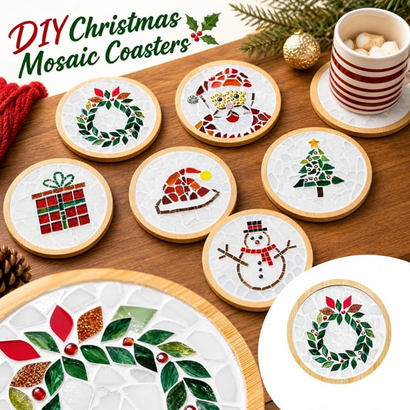 DIY Christmas Mosaic Coaster Kit, Holiday Craft Set for Adults, Festive Table Decor Making Project, Creative Xmas Gift Idea, Round Beverage Mat Art Activity