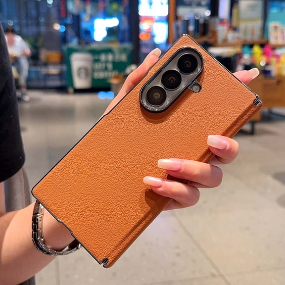 Designed for Samsung Galaxy Z Fold 6 Phone Case,Anti-Scratch PU Leather Back,With Hinge Protection,Electroplated Frame Ultra Slim Shockproof Rugged Durable Thin Fit Phone Case,Brown