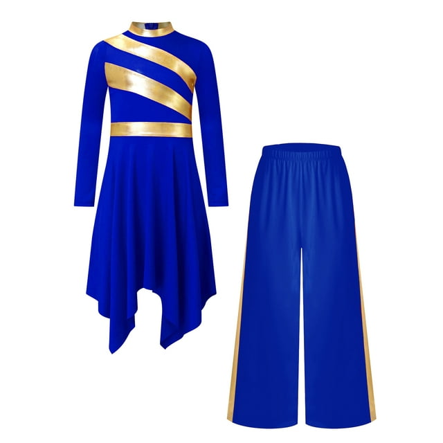 Moggemol Robe de Danse à Manches Longues pour Filles, Tunique de Danse Lyrique et Pantalon Grand Bleu 16
