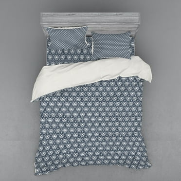 Japanese Duvet Cover Set, Attached Hexagons with Ornate Floral Geometric Pattern, Bedding Set with Shams and Fitted Sheet, 3 Sizes, by Ambesonne