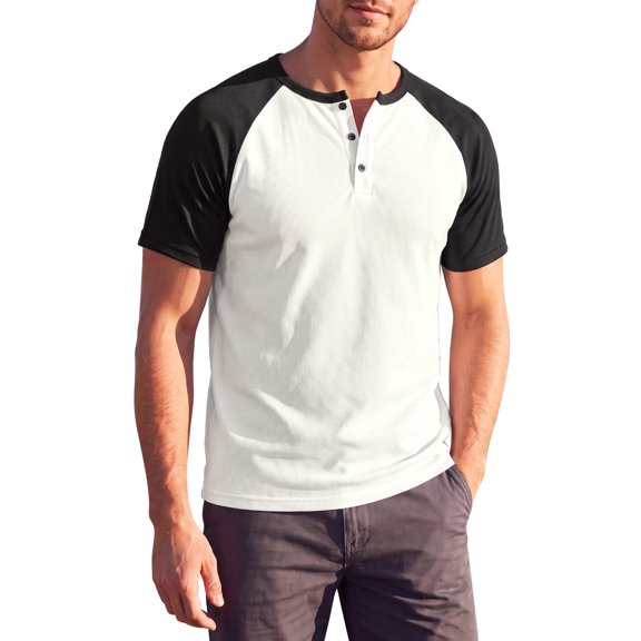 INSPIRE CHIC Men's Henley T-Shirt Color Block Raglan Sleeves Casual Tee M White