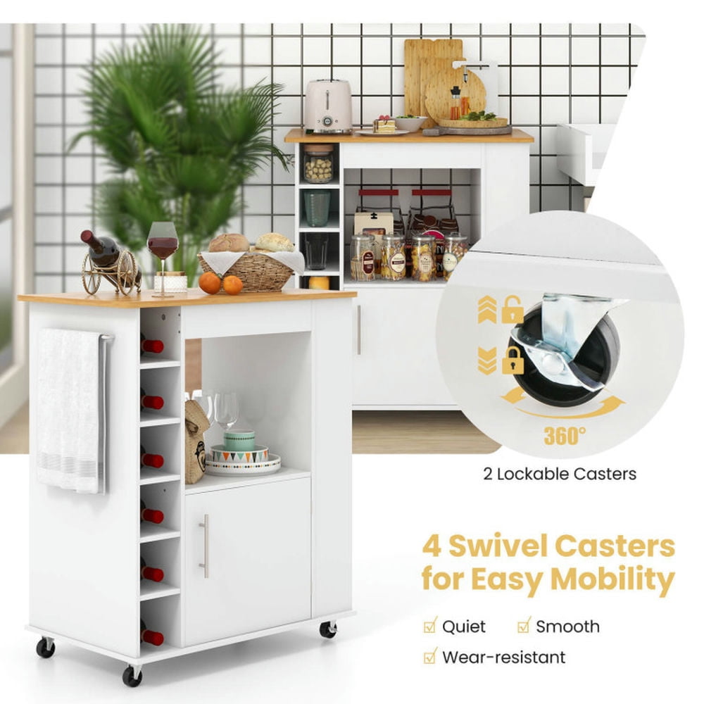 Finihen Rolling Cart, Kitchen Island Cart, Kitchen Cart on Wheels with Bamboo Top and 6-Bottle Wine Rack, for Kitchen, Dining Room, White Finihen Rolling Cart, Kitchen Island Cart, Kitchen Cart on Wheels with Bamboo Top and 6-Bottle Wine Rack, for Kitchen, Dining Room, White