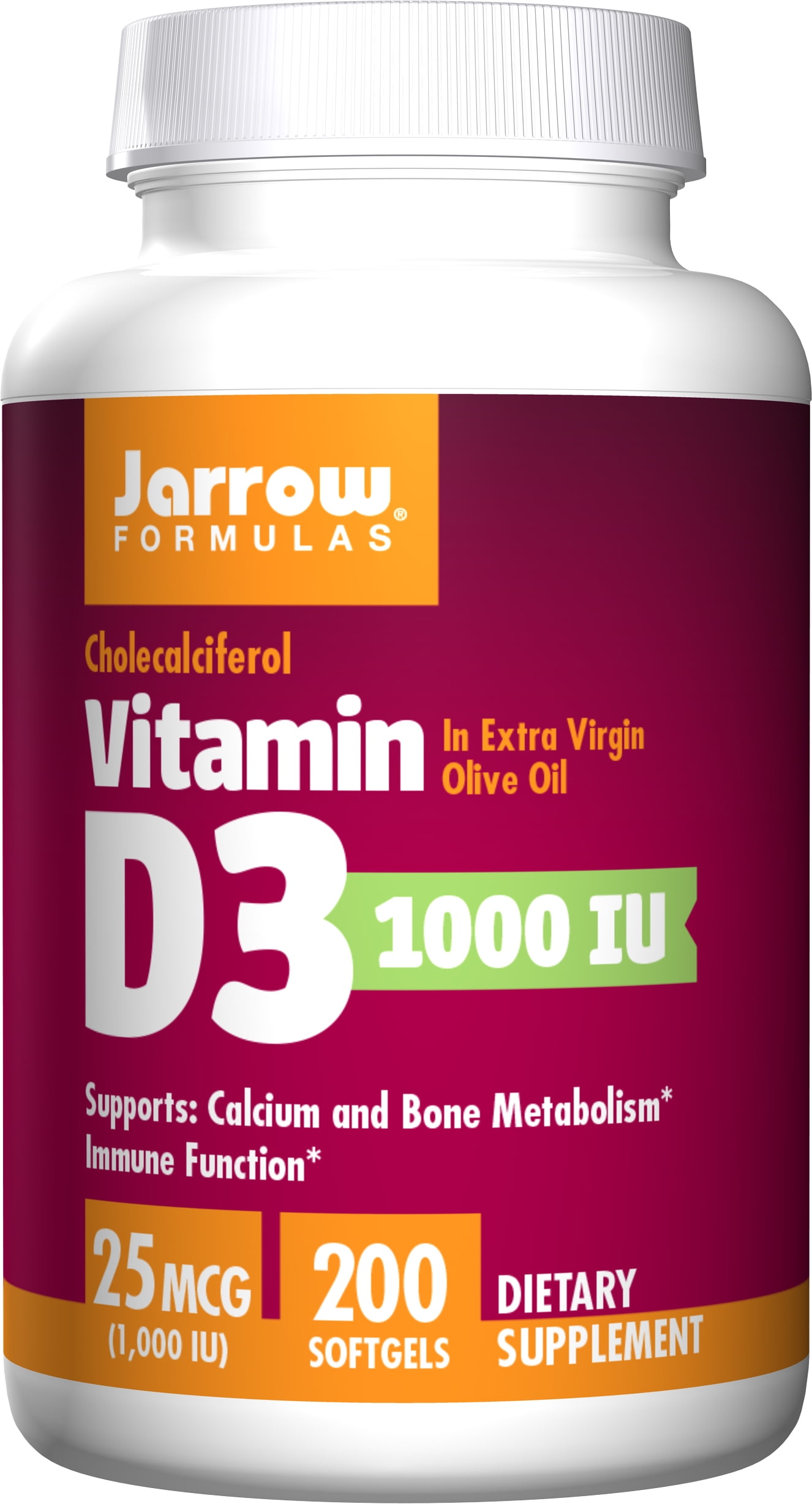 Jarrow Formulas Cholecalciferol Vitamin D3, Supports Calcium and Bone Metabolism* Immune Function, 1000 IU, 200 Softgels