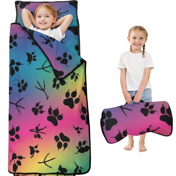 Animal Paw Prints Rainbow Pattern Teens Toddler Nap Mat with Pillow, Sleeping Mat Bag for Preschool Daycare 59"x22"