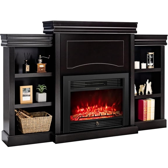 70" Mantel Fireplace, 750W/1500W Electric Fireplace w/Mantel & Built-in Bookshelves, 28.5-Inch Electric Fireplace w/Remote Control, 1-8H Timer, Adjustable Flame Brightness & Color (Black),Fireplace