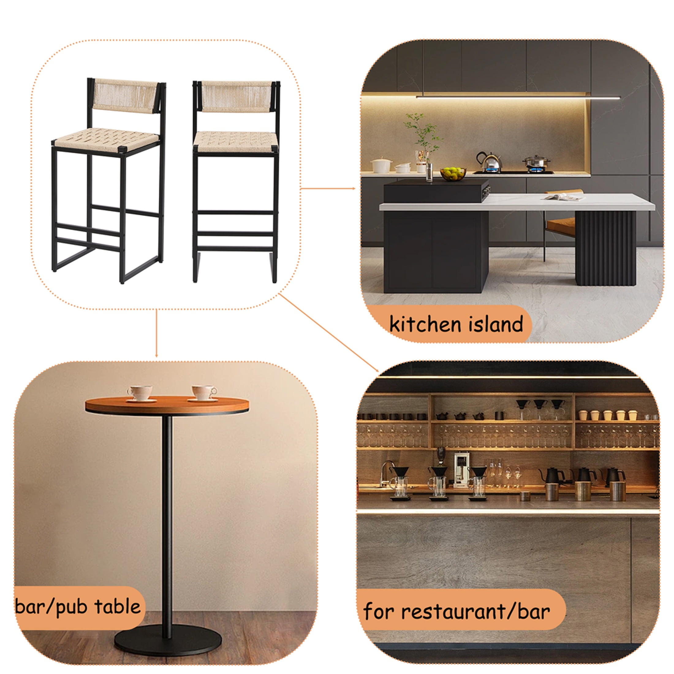 SYNGAR Bar Stools with Back Sets of 2, Woven Bar Chair with Metal Legs, Counter Height Bar Stools, Bar Chairs for Kitchen Bars Restaurants, Tufted Barstools Set, Creamy White
