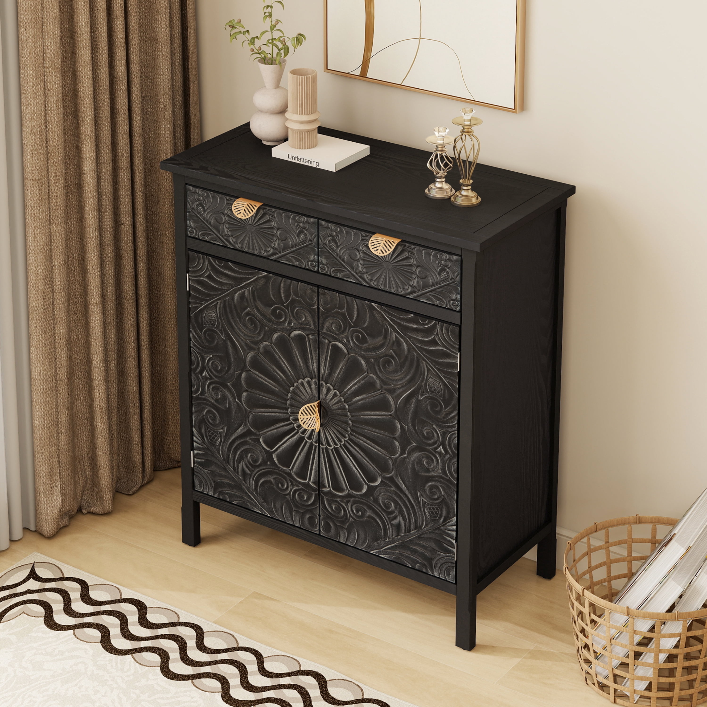 Hand-Carved Accent Cabinet with Floral Embossed Drawer and Doors, Wooden Storage Cabinet and Sideboard with Gold Handles for Entryway Living Room, Black