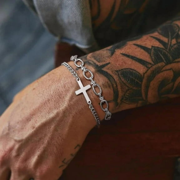 2Pcs 14K White Gold Cross Religious Christian Bracelets for Men Boys,Wristband Jewelry,Gifts for Him