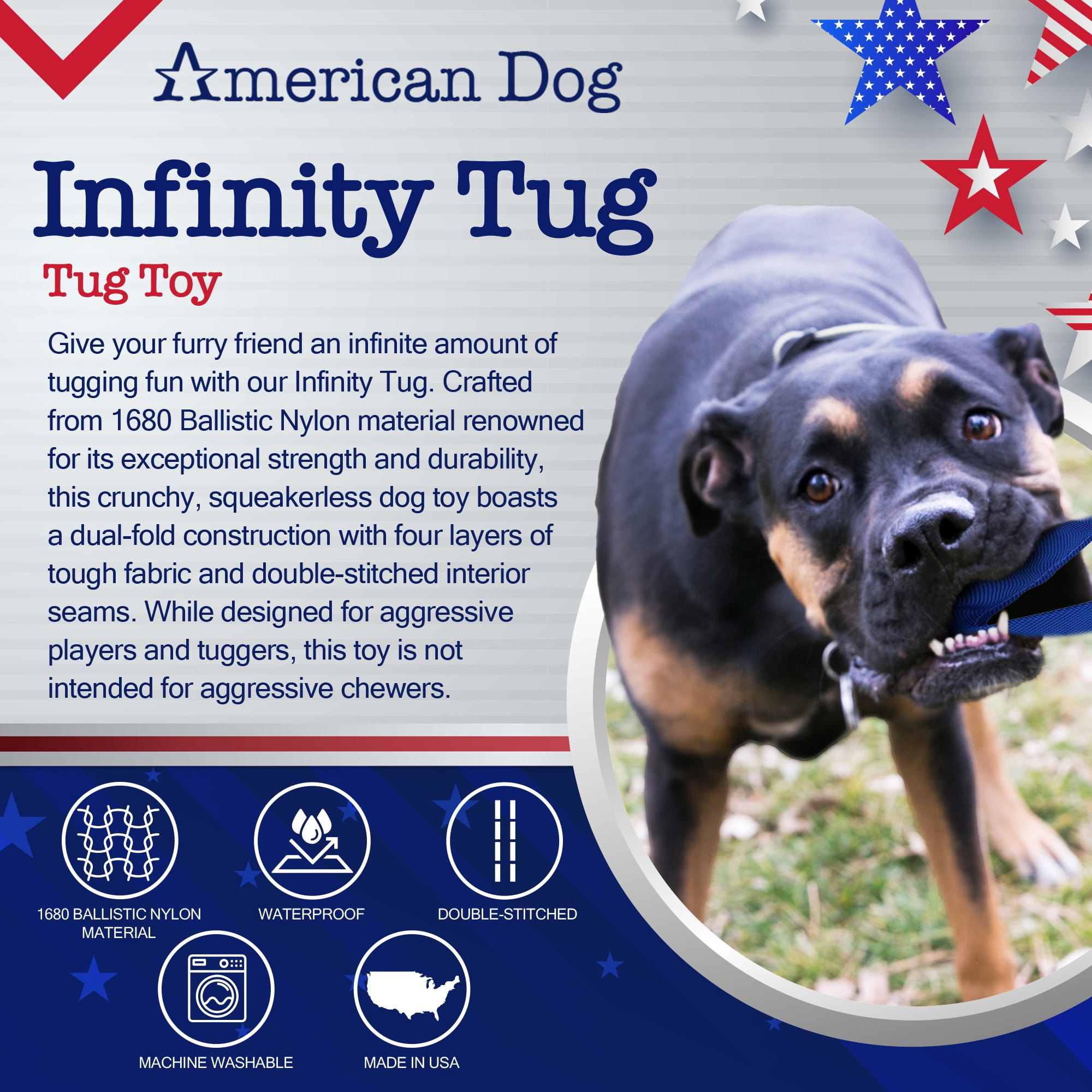 American Dog Infinity Tug – Durable Tug Dog Toy Made in USA from Pet-Safe, Machine-Washable 1680 Nylon Ballistic Material for Bonding, Play Time, Mental Stimulation, Exercise, Training, & More