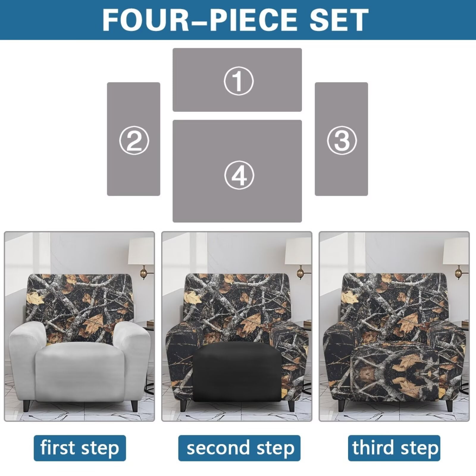 Yuyamidu Camouflage Reclining Chair Covers 4 Pieces Hunting Branch Recliner Sofa Slipcovers with Pocket Replacement Soft Slip Covers for Recliners with Arms Gift for Friends