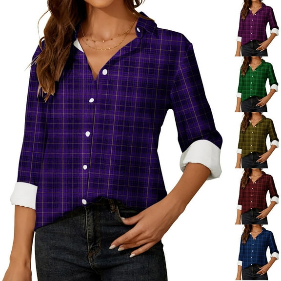 Womens'Autumn and Winter Fashion Plaid Jackets Plus Size Long Sleeve Plaid Shirt Tunic V-Neck Casual Pullover Blouses Tops Up to 65% off!