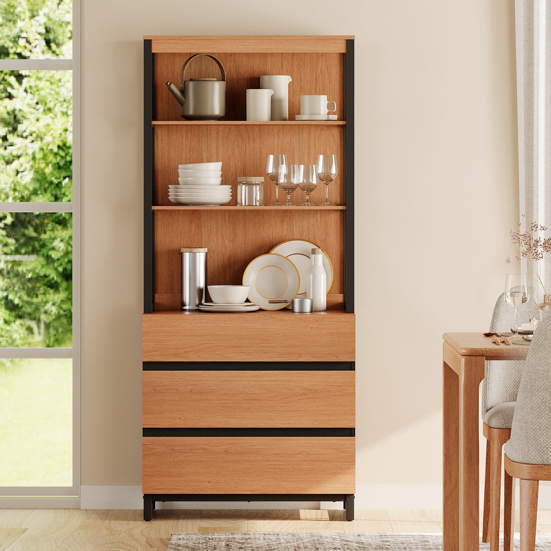 WAMPAT Modern 72" Tall Bookcase with 3 Drawers and Open Book Shelfs, Library Book Shelf with Storage Cabinet, Wood Freestanding Bookshelf for Home Office, Living Room, Mocha