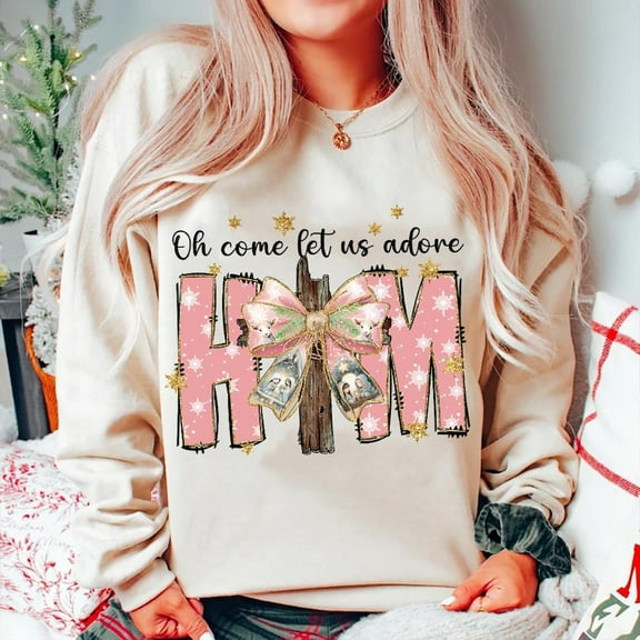 Oh Come Let Us Adore Him Sweater, Coquette Jesus Nativity Scene Bible Verse Christian Christmas Sweatshirt