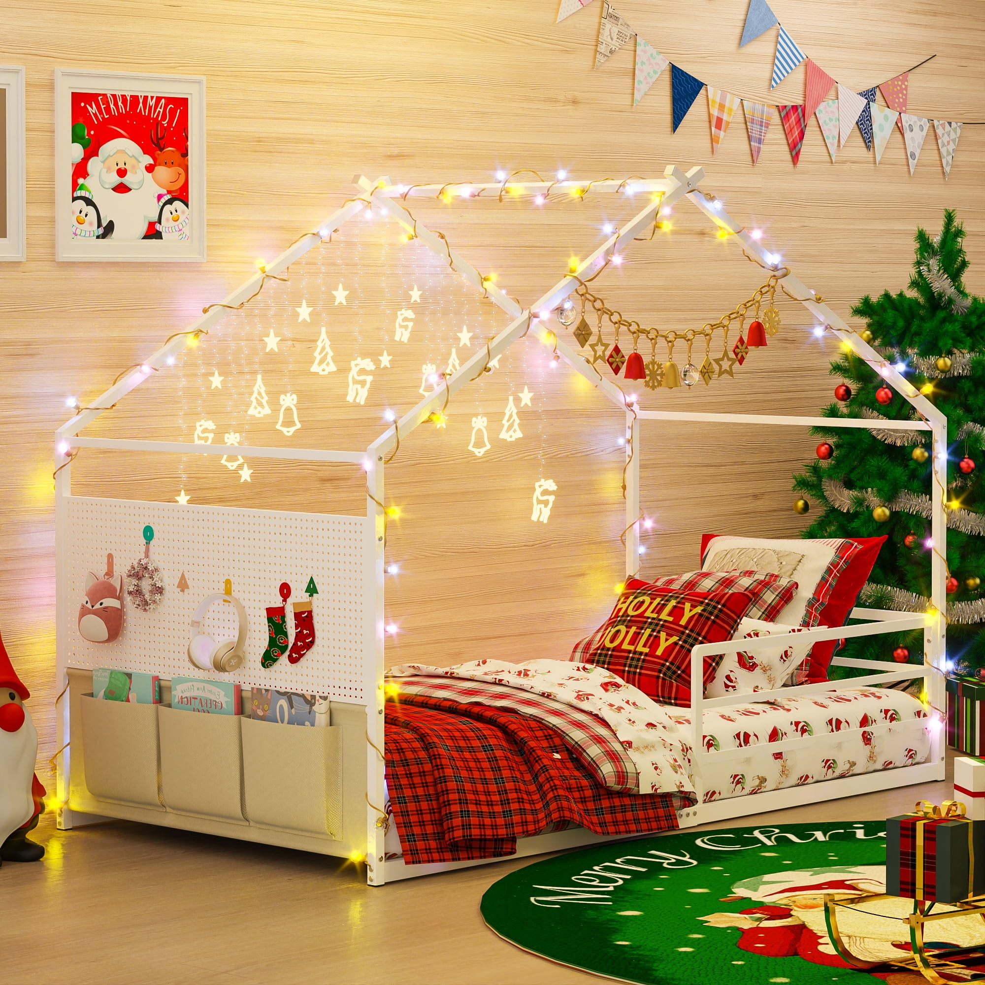 Yoneston Twin Floor Montessori Bed with Storage Caddy & Pegboard, House Shape Metal Floor Bed with Guardrails for Toddlers Kids Boys Girls, White