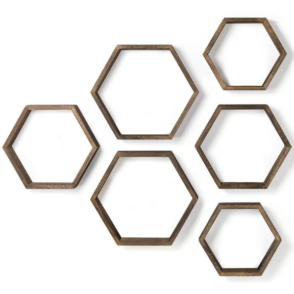 Hexagon Floating Shelves Honeycomb Wall Shelf Wood DIY Rustic Brown