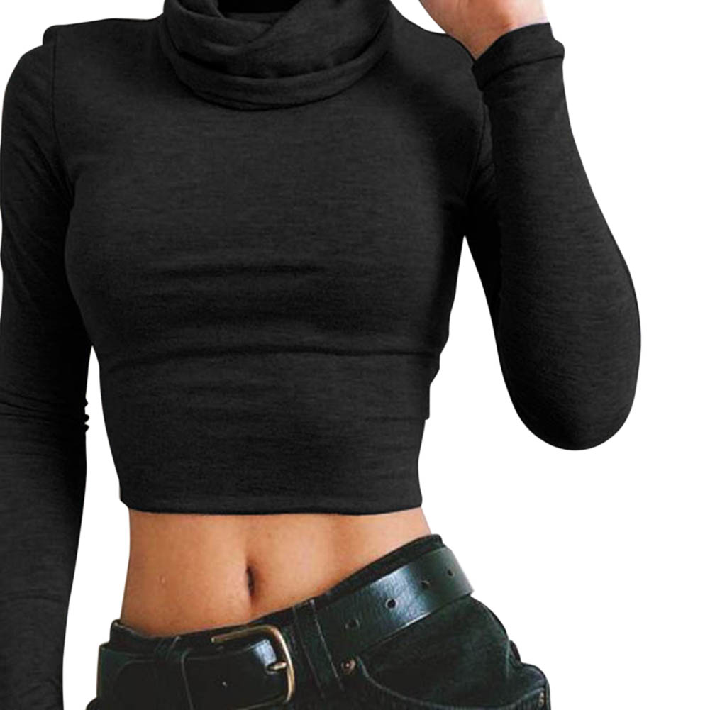 Women Turtleneck Long Sleeve Crop Top Knitted Slim Fit T-shirt Pullover Cropped  Tops(Black,M) - Walmart.com