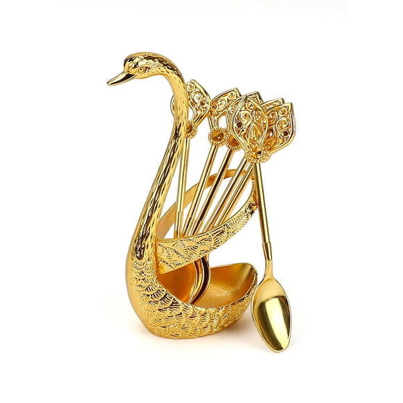 Coffee Dessert Spoon Set, Metal Swan Base Holder Spoon Organizer with 6 Spoons, Creative Dinnerware Set Decorative Swan Shaped Style Holder