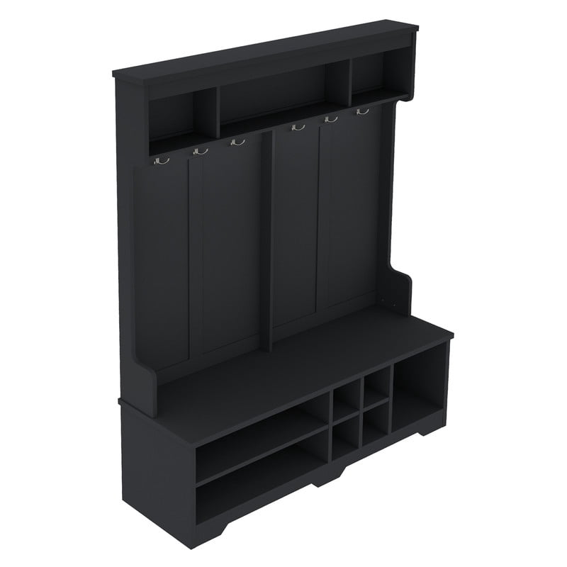 Modern Hall Tree with 6 Hooks, Entryway Coat Rack with Top Storage Space, Multi-Functional Mudroom Organizer Entryway Bench with Shoe Cubbies and Shelves for Hallway, Living Room
