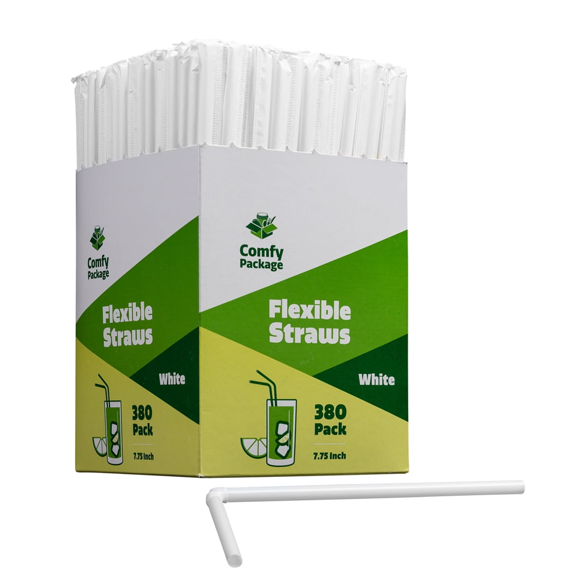 [380 Pack] Individually Wrapped Disposable Plastic Flexible Drinking Straws - BPA Free - White