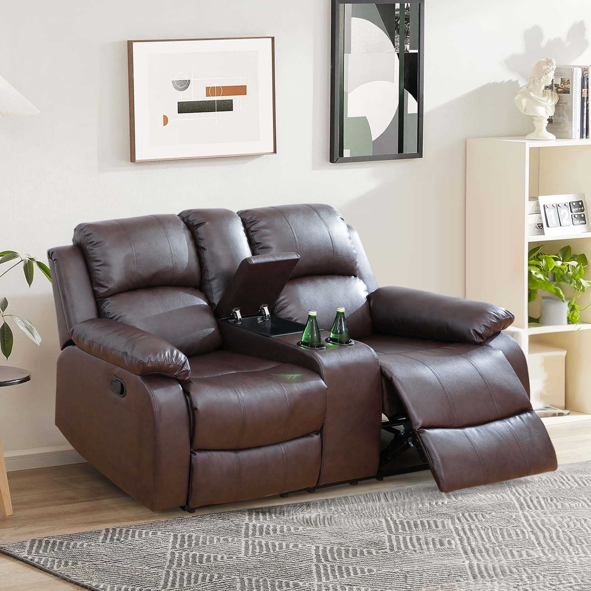 Aukfa Double Manual Recliner Chair, Overstuffed Loveseat w/ Cupholders,Leather, Brown