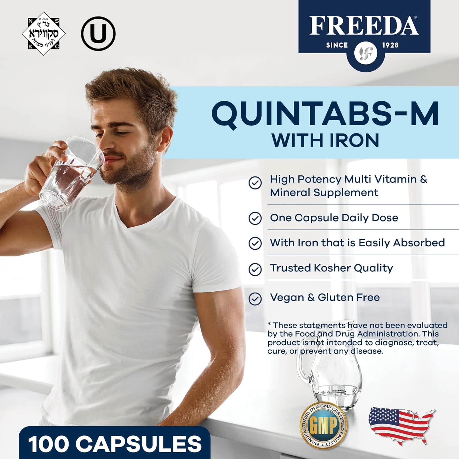 Freeda Quintabs-M with Iron – One Daily Multivitamin for Women & Men – High Potency – Kosher – 100 Ct