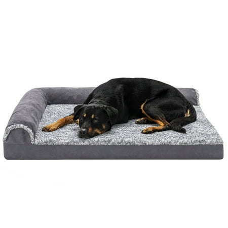 UPC: 0842229104677 | FurHaven Pet Products Two-Tone Faux Fur & Suede Deluxe Orthopedic Chaise Lounge Pet Bed for Dogs & Cats – Stone Gray Jumbo