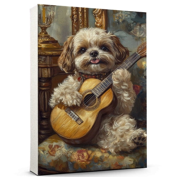 Shih Tzu Dog Playing Ukelele Stretched Canvas Size 8x12 – Music Dog, Perfect for Animal Lovers, Shih Tzu Dog Canvas, Ukelele Canvas Size Wall Art