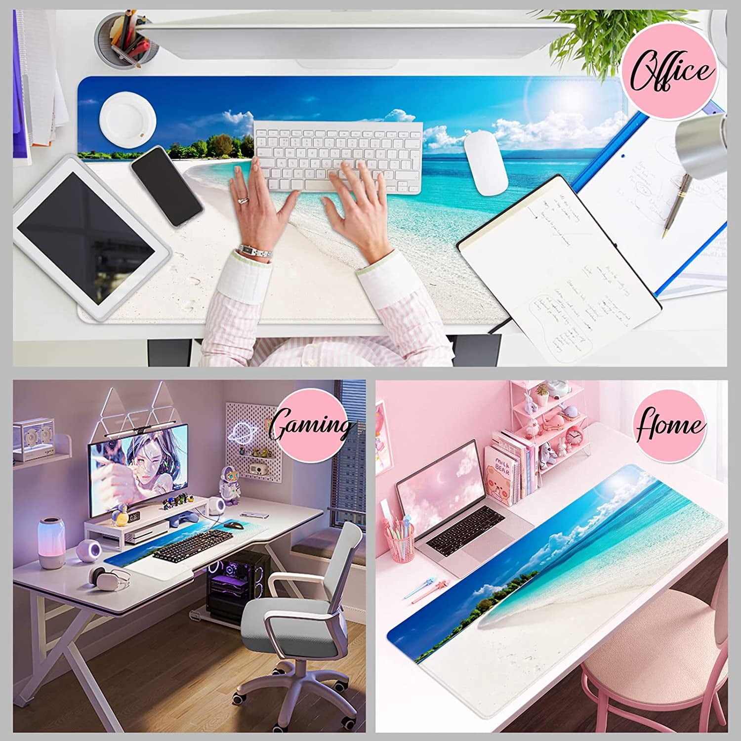 Beach Mouse Pad Ocean Theme Large Gaming Mouse Pad XXL 35x15.7x0.12 inch Large Rubber Mouse Pad for Desk with Personalized Design for Laptop, Computer PC (Beach -1)