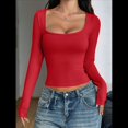 thumbnail image 4 of Camisas de Larga para Mujer, Tops Cortos, Cuello Cuadrado, Camisetas Básicas para Salir, Ropa de Invierno Y2K 2025 Rojo M, 4 of 7