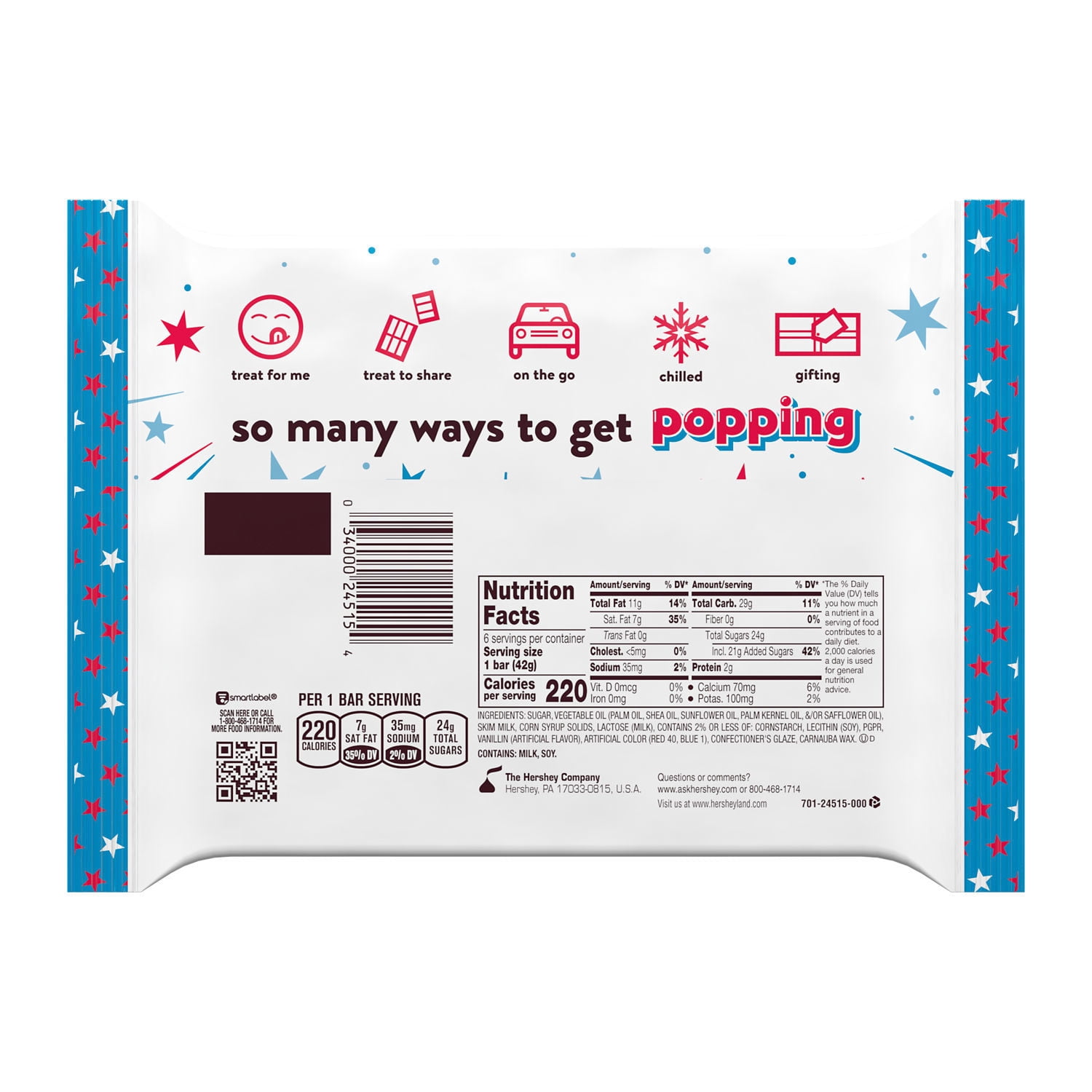 Hershey's White Creme with Sprinkles and Popping Candy Candy, Bars 1.5 oz, 6 Count