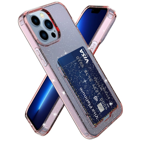 for iPhone 14 Pro Max Glitter Case, Clear Hard PC Card Slot Bling Slim Thin Anti-scratch Lightweight Drop-Protective Soft TPU Bumper Phone Case Cover for iPhone 14 Pro Max, Pink