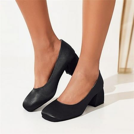 

NECHOLOGY Shoes for Women Heels Wedges Ladies Fashion Solid Color Leather Square Head Shallow Mouth Thick Size 11 Womens Heels Black 7.5