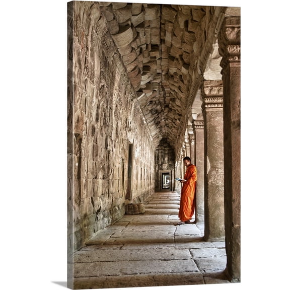Great BIG Canvas | "Monk reading in Angkor Wat, Cambodia" Canvas Wall Art - 32x48
