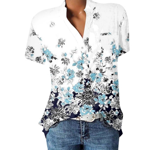 Gibobby Camisetas Mujer Baratas Manga Corta Camiseta manga corta con estampado flores y cuello en V encaje informal a la moda verano para mujer(Blanco,G)