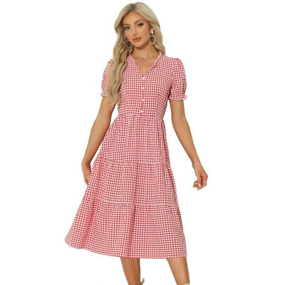 Unique Bargains Women's Gingham Summer Ruffle Trim V Neck Button Decor Dresses XS Red
