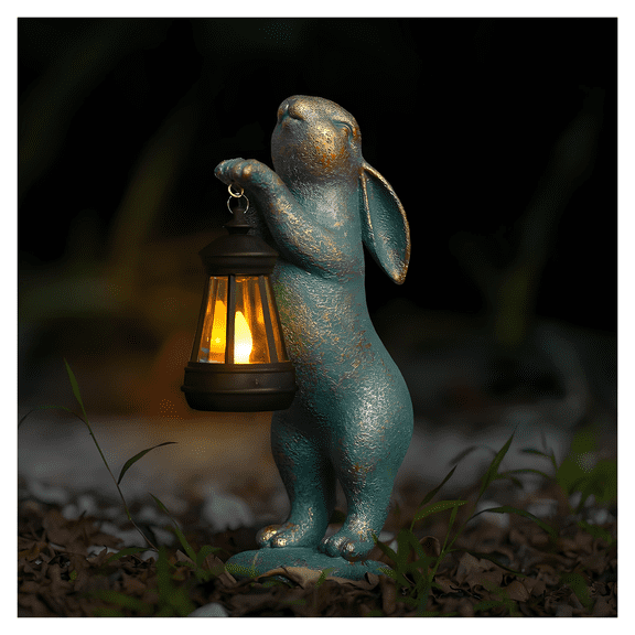 XIBUFE Rabbit Garden Statues Solar Garden Decor with LED Light,Cute Bunny Outdoor Statues Garden Decor for Outside, Solar Bunny Statue Waterproof Resin Garden Statues for Yard Lawn Patio Walkway