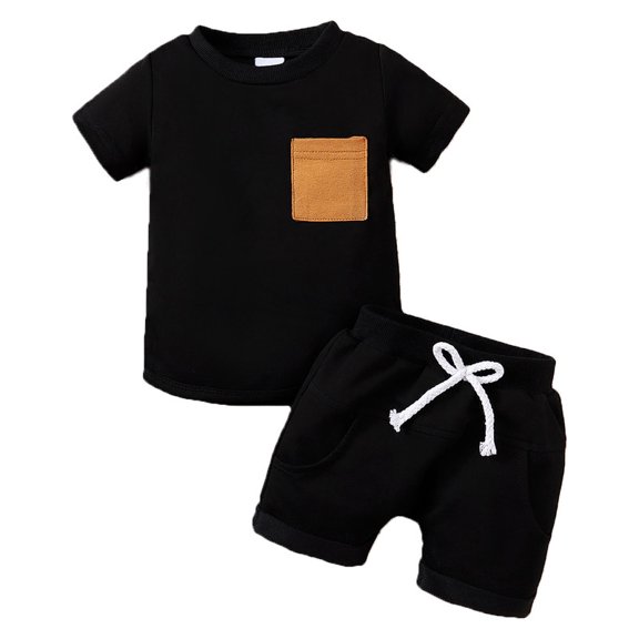 Newborn Baby Boy Clothes Short Sleeved Shirt with Brown Pocket and Black Shorts Set 2PCs Infant Summer Outfits