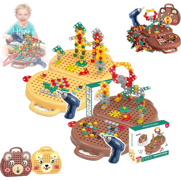 HAHDAXIA Boîte à Outils Magique Montessori, Boîte à Outils de Créativité avec Perceuse, Jouet Casse-Tête Mosaïque Créatif avec Perceuse Électrique et Vis, Ensemble d'Outils Montessori Ours pour Enfants de 3 à 12 Ans (B