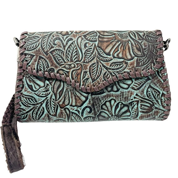 Floral Tooled Crossbody Leather Envelope Clutch Handbag
