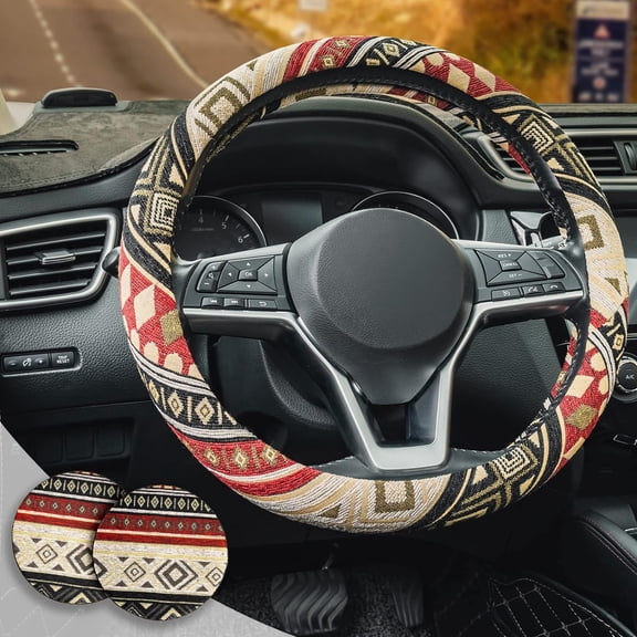 Boho Steering Wheel Cover for Women, Bohemian Coasters Cloth Ethnic Style Steering Wheel Accessories Anti-Slip Sweatproof Breathable Car Steering Wheel Protector Cover Fits 14 1/2-15 Inch