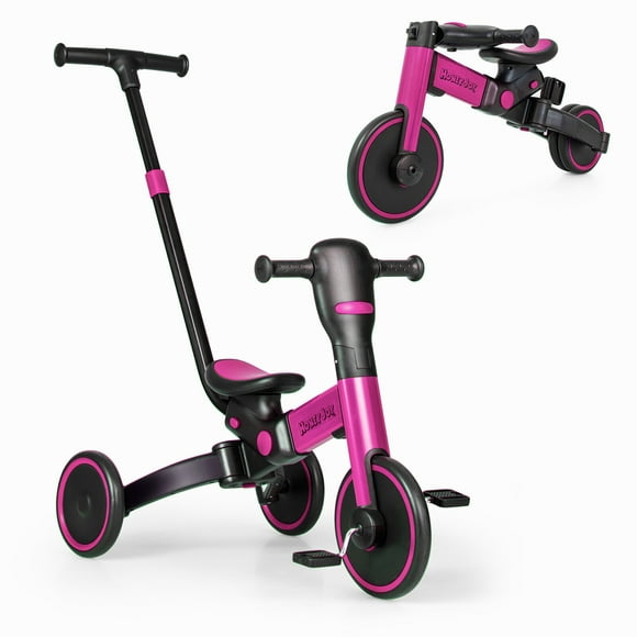 Gymax 4-en-1 Enfants Tricycle Pliable Tout-Petit Équilibre Vélo avec Parent Pousser Poignée Rose