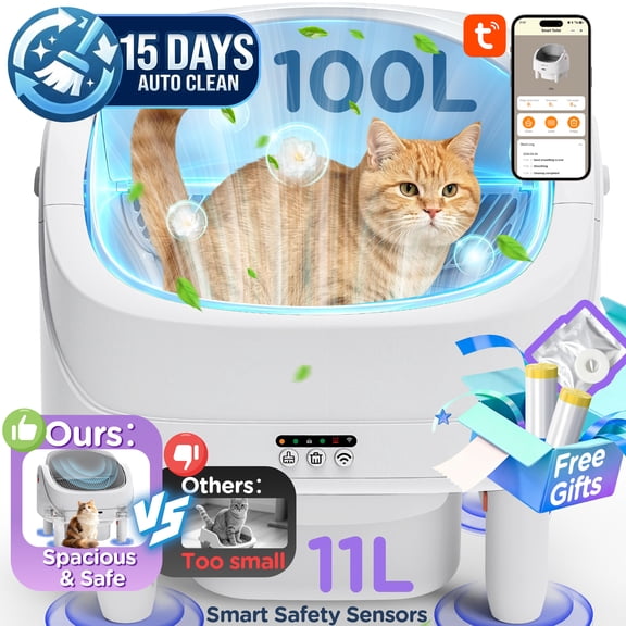 100L Open Top Self Cleaning Cat Litter Box with 11L Waste Bin, Automatic Cat Litter Box with APP Control, Smart Sensors, Odor Control, Quiet Operation, Large Capacity Litter Box for Multiple Cats